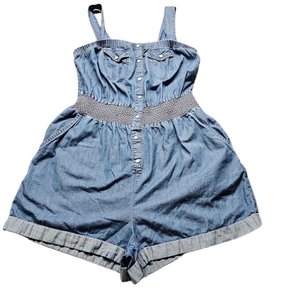 American Rag Romper Womens 1X Blue Denim Smocked Waist‎ Wide Straps Snap Front